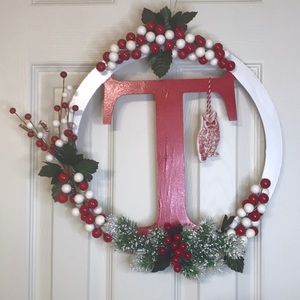 Holiday Wreath with Letter "T" and Owl